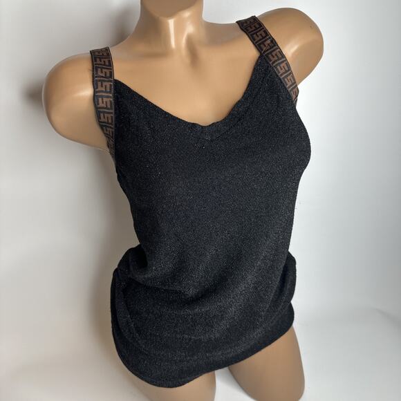 Black Metallic Knit Cami Logo Strap Top Y2K Clubwear Stretchy Tank S - Picture 1 of 8